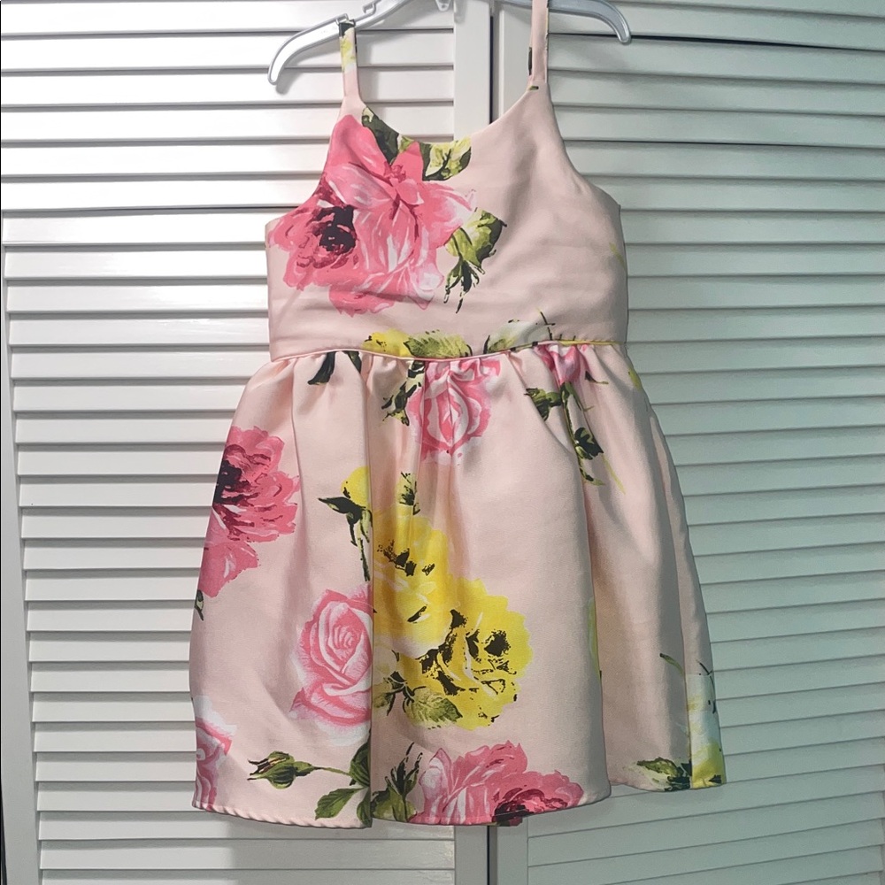 Zunie Pink Floral Satin Party Dress with Yellow Floral Accents
